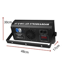 Lot de 4 stroboscopes LED 300 W – schéma des dimensions et face arrière avec prises, DMX et afficheur