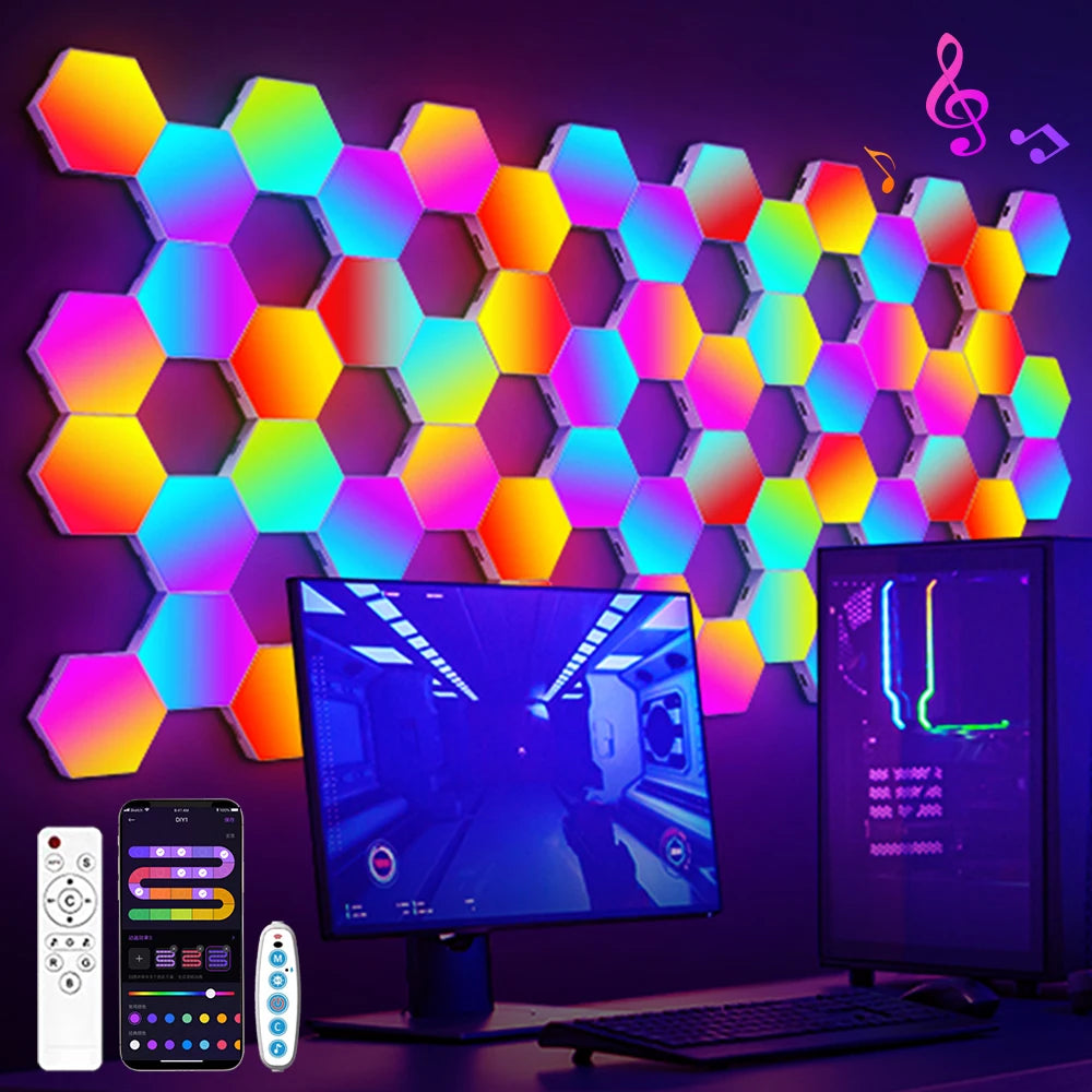 Panneau LED hexagonal mural RGB, application et télécommande, lot de 8 à 20