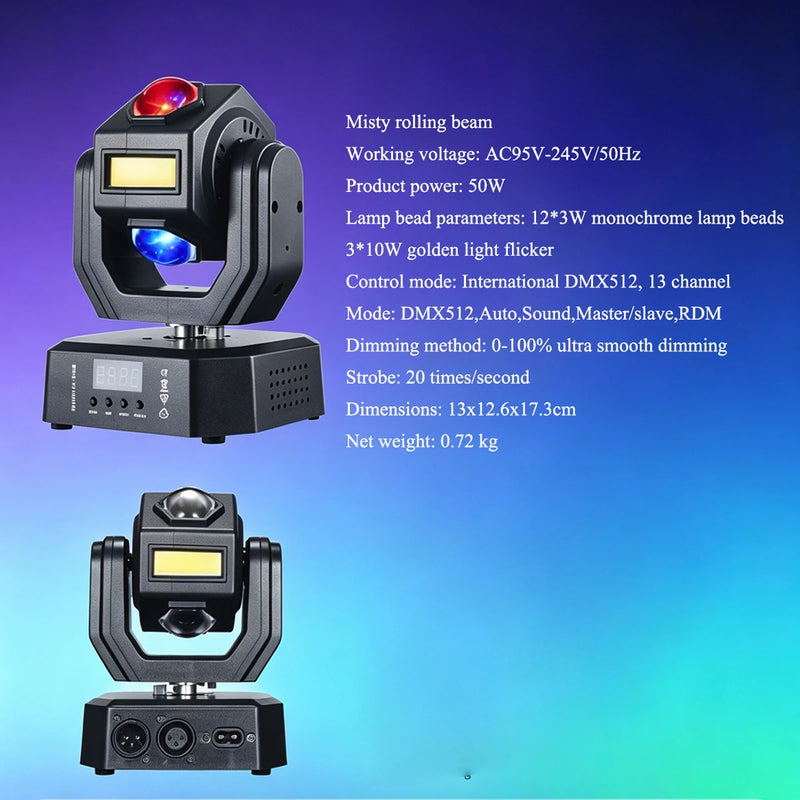 Mini lyre LED 50 W, faisceaux colorés, flash doré, DMX 13 canaux, télécommande