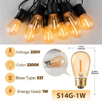 Guirlande guinguette S14 – ampoules ambrées de 1 W, 2 200 K, avec fiche des caractéristiques