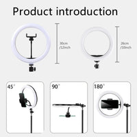 Ring light RGB 30 cm – dimensions de l'anneau et inclinaisons à 45, 90 et 180 degrés