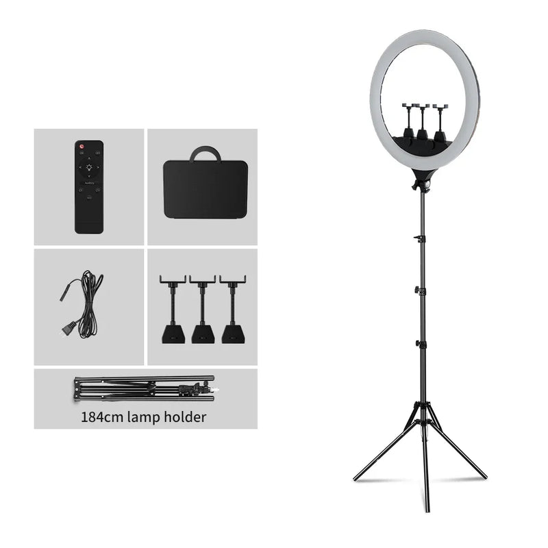 Ring light LED 45-48 cm, trépied au choix, 3 supports téléphone