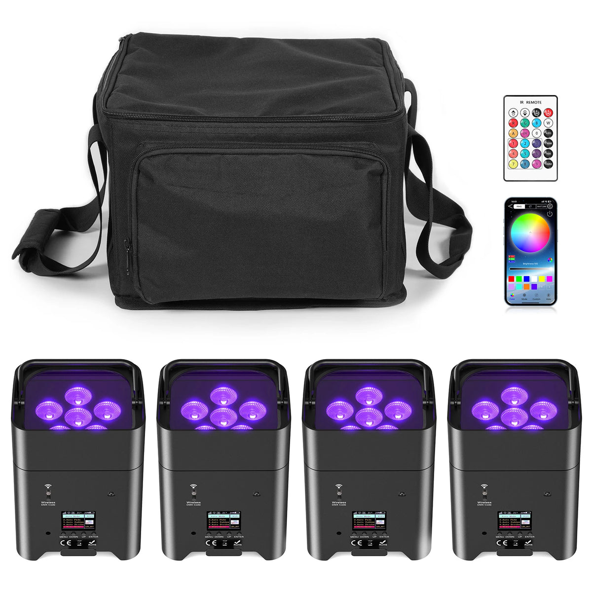 Uplight PAR LED sans fil sur batterie, lot de 4 RGBWA UV avec sac