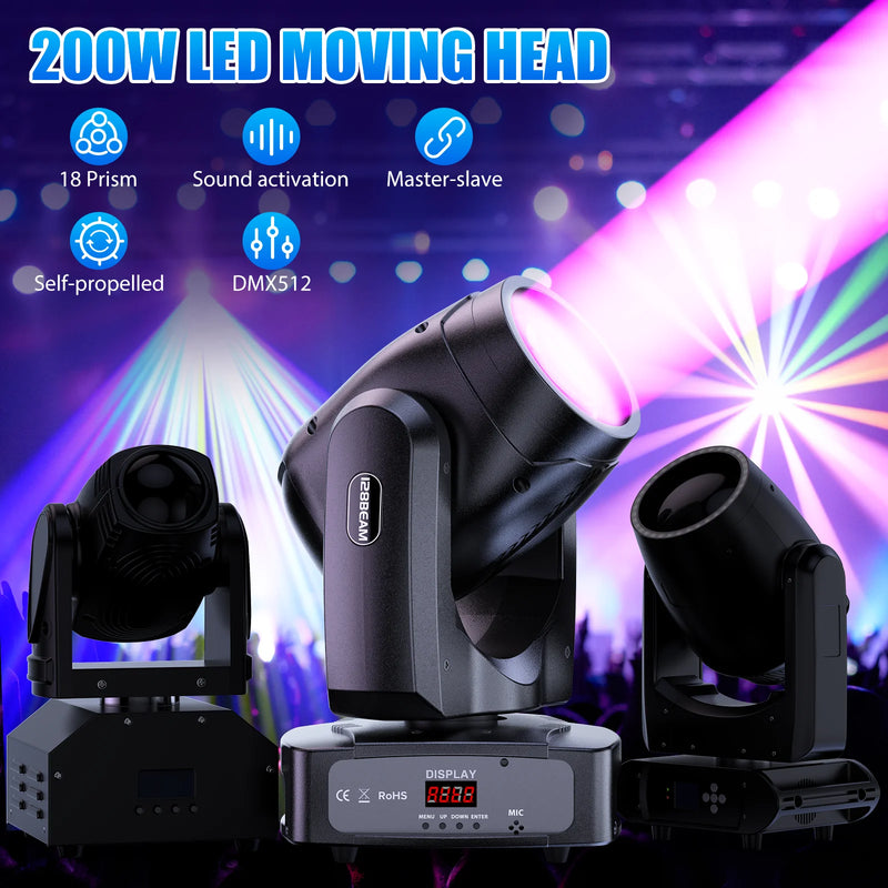 Lyre LED 200 W – visuel des fonctions : 18 prismes, mode sonore, maître-esclave et DMX512