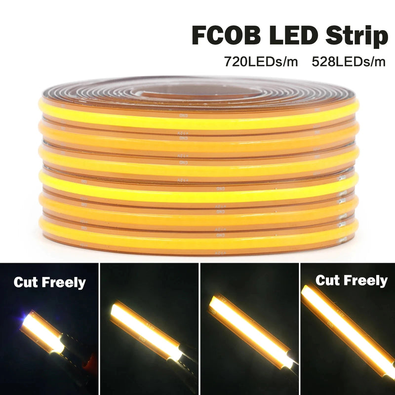 Ruban LED COB 24 V à découpe libre, 528 ou 720 LED/m, 0,5 à 20 m
