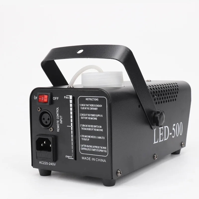 Machine à fumée LED 500 W – face arrière avec interrupteur, entrée de télécommande et prise d'alimentation