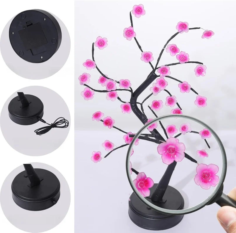 Arbre lumineux bonsaï à fleurs roses, lampe de table à 3 piles AA ou USB