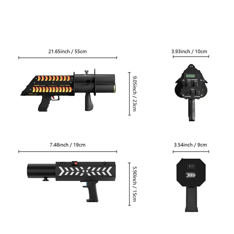 Dimensions du pistolet à confettis électrique à 3 tubes