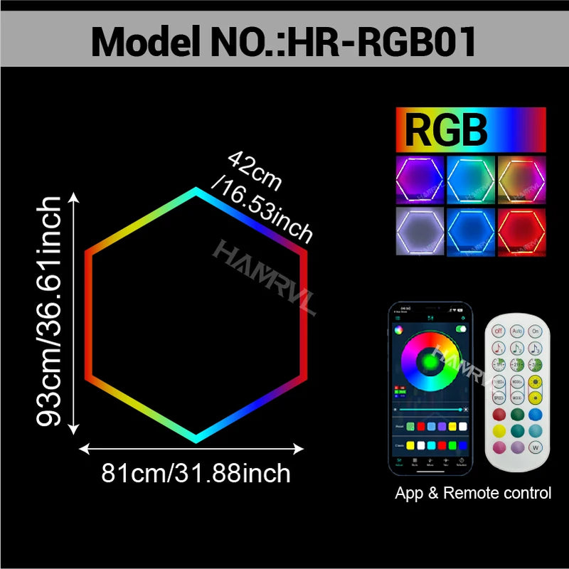 Éclairage LED hexagonal RGB pour garage, de 1 à 11 hexagones, application et télécommande