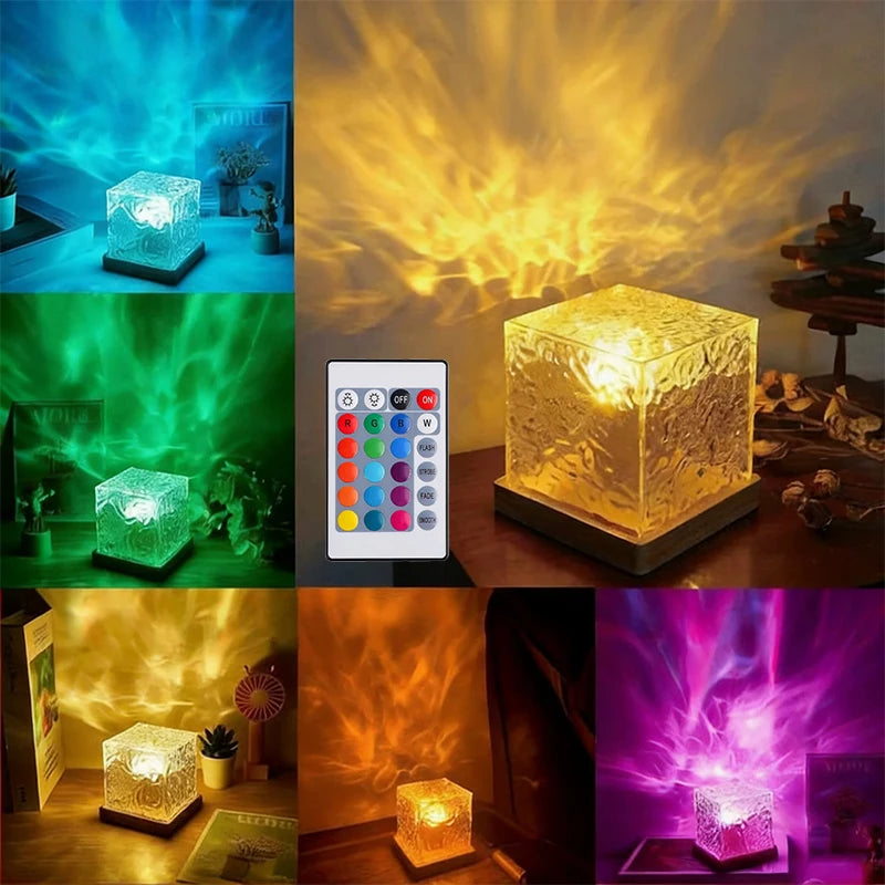 Lampe cube à ondulations d'eau – cube allumé en plusieurs couleurs avec sa télécommande