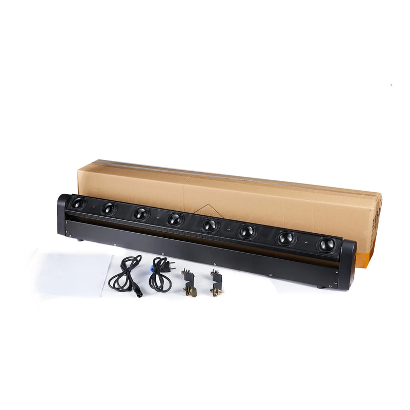 Barre LED DMX 8 faisceaux, lot de 2 – barre, cordons, câble DMX et fixations devant son carton