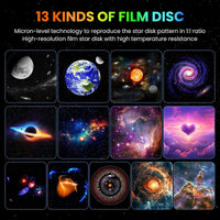 Projecteur galaxie globe Pro – planche des 13 films : Lune, Terre, système solaire, galaxie, trou noir, cœur nébuleux et nébuleuses