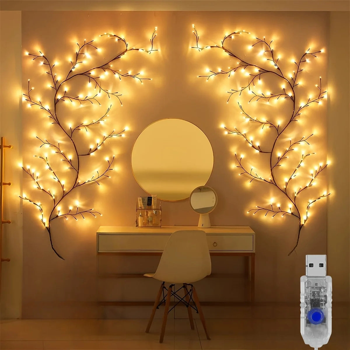 Vigne lumineuse LED branches de saule USB, télécommande, 145 ou 185 cm