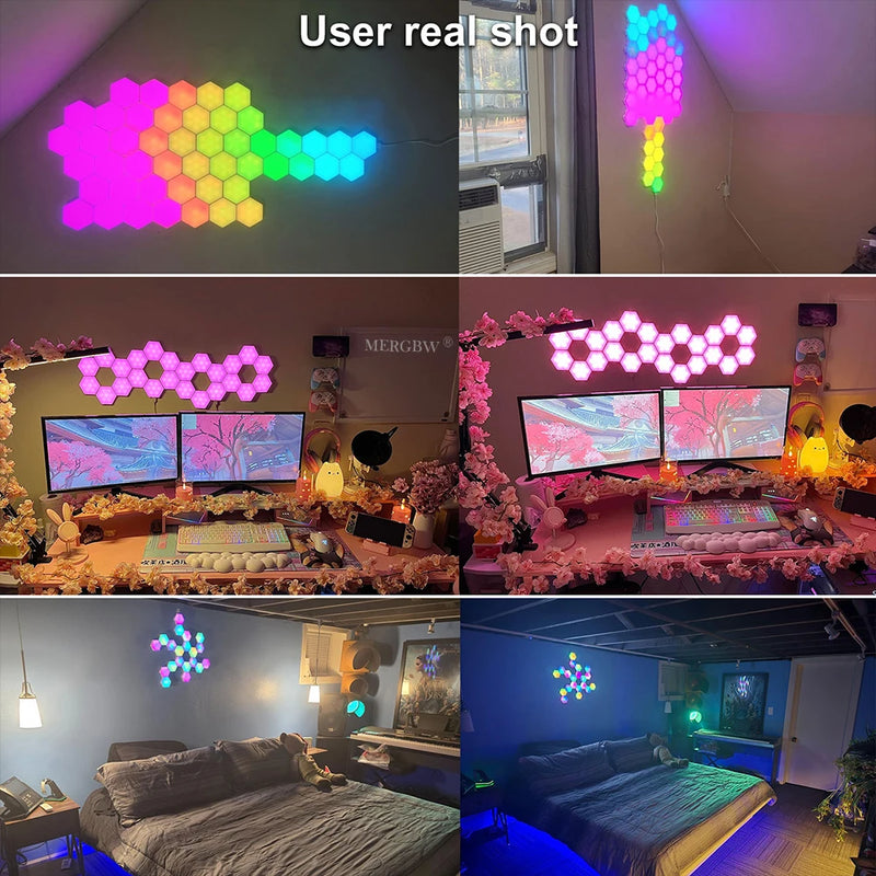 Panneaux LED hexagonaux muraux – exemples d'installation sur un bureau et dans une chambre