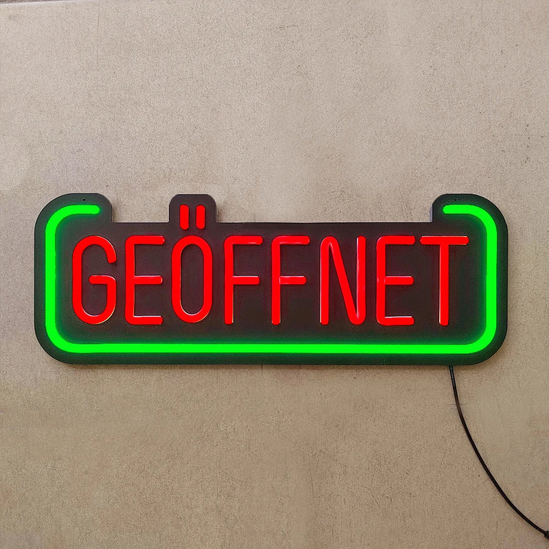 Panneau lumineux OPEN – modèle GEÖFFNET rouge, cadre vert, 55 x 20 cm