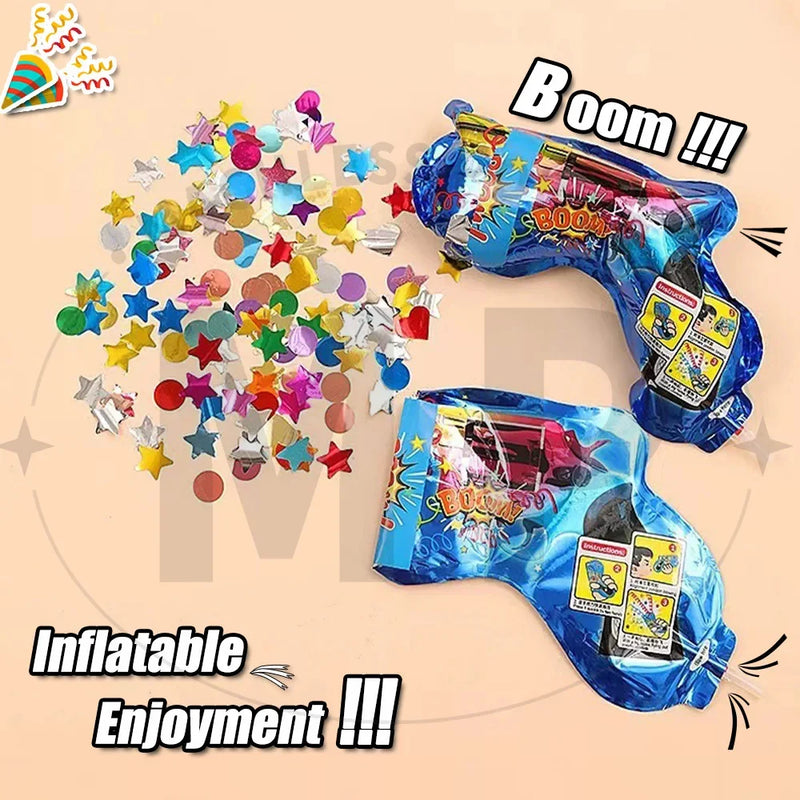 Canon à confettis gonflable – deux canons gonflés en bleu et un nuage de confettis colorés en étoiles et en ronds