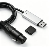Câble interface USB vers DMX512 – boîtier d'interface gris argenté et capuchon de la prise USB
