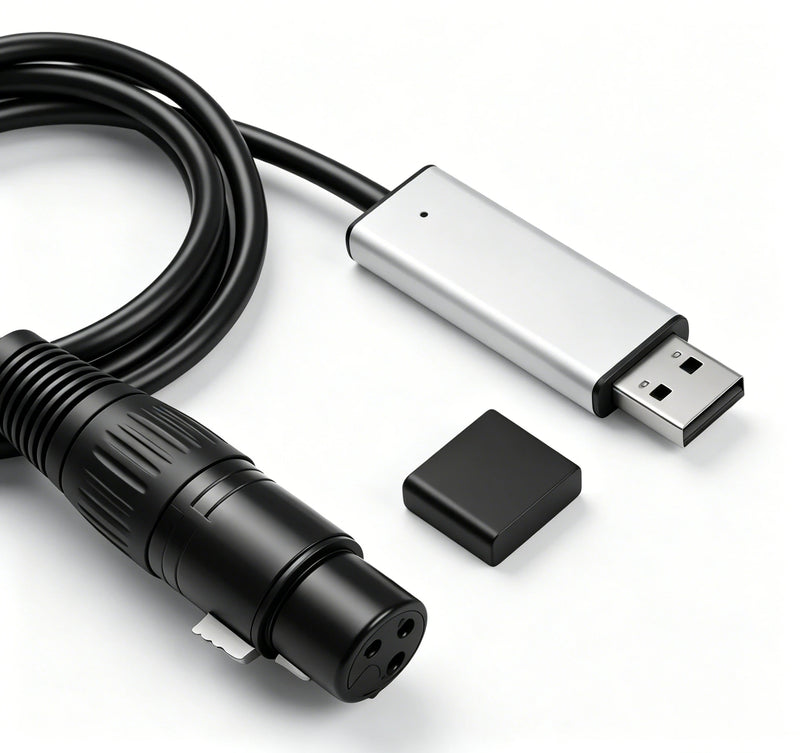 Câble interface USB vers DMX512 – boîtier d'interface gris argenté et capuchon de la prise USB
