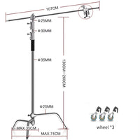 C-stand 2,6 m – C-stand argenté de 130 à 260 cm avec bras de 107 cm et cotes de la base