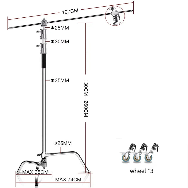 C-stand 2,6 m – C-stand argenté de 130 à 260 cm avec bras de 107 cm et cotes de la base