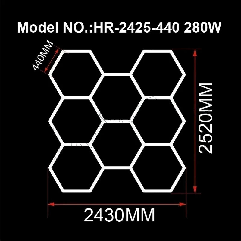 Éclairage LED hexagonal – schéma 8 hexagones, 243 x 252 cm