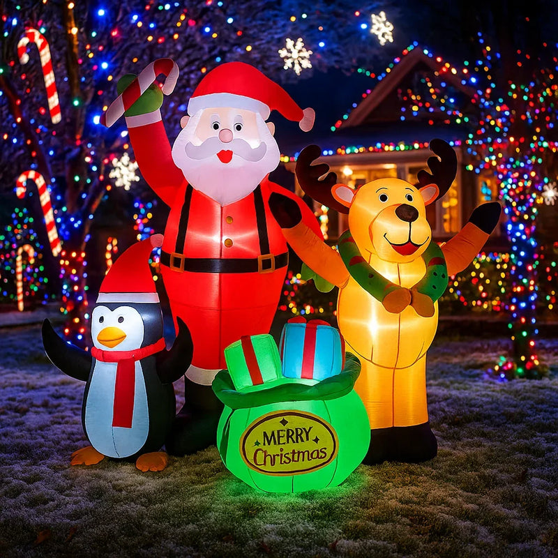 Père Noël, pingouin et renne gonflables lumineux avec sac cadeau, 2,1 m