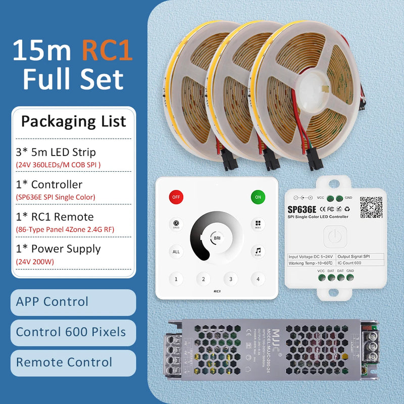 Ruban LED COB 24 V – contenu du kit de 15 m avec panneau tactile mural