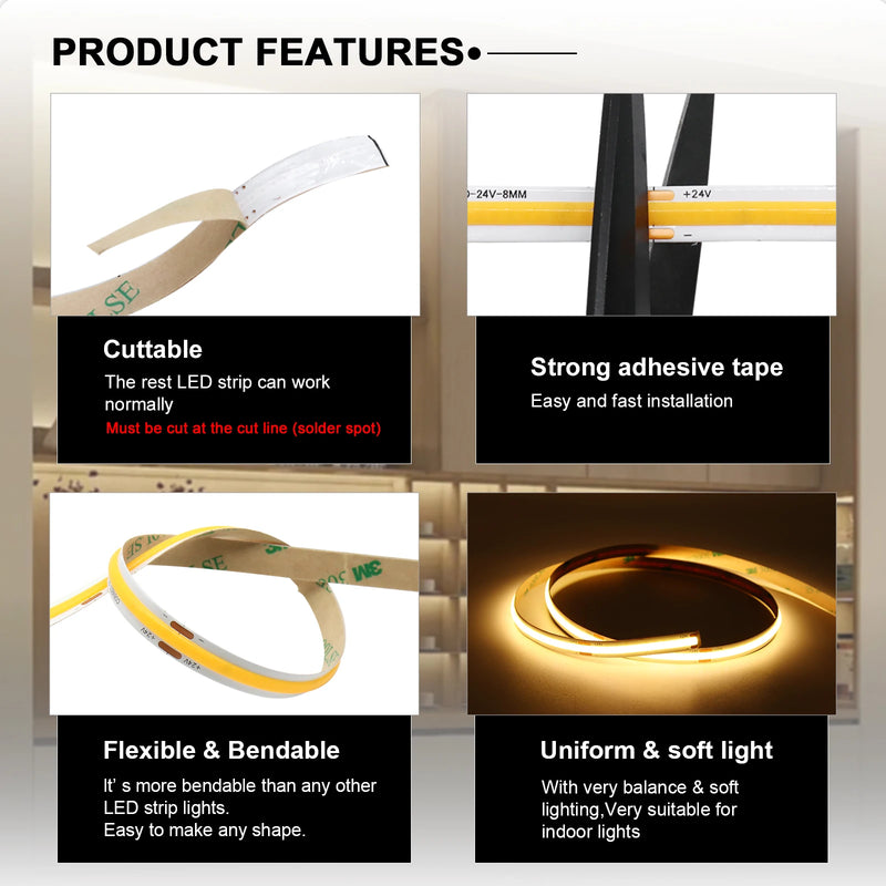 Ruban LED sous meuble connecté – ruban découpable, adhésif fort, flexible et lumière uniforme