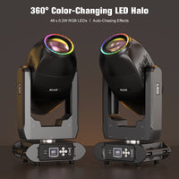 Lyre LED double tête 2 x 100 W à halo RGB, 18 gobos, prisme 18 facettes, DMX 33 canaux