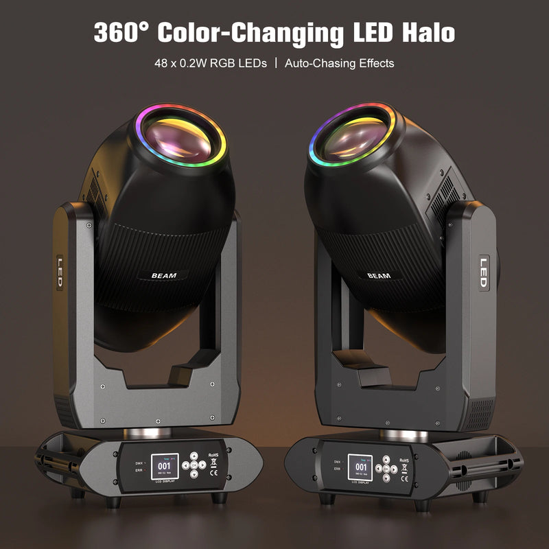 Lyre LED double tête 2 x 100 W à halo RGB, 18 gobos, prisme 18 facettes, DMX 33 canaux