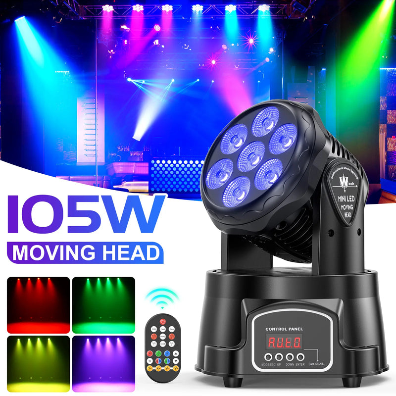 Lyre LED wash 7 x 15 W RGBW, à l'unité ou par lot, télécommande, DMX