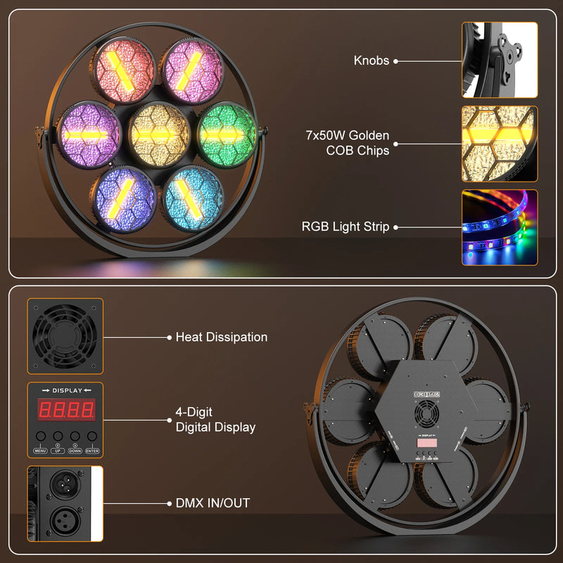 Projecteur vintage 350 W à 7 lentilles – boutons, 7 COB dorées de 50 W, bande LED RGB, dissipation de chaleur, afficheur à 4 chiffres et entrée et sortie DMX