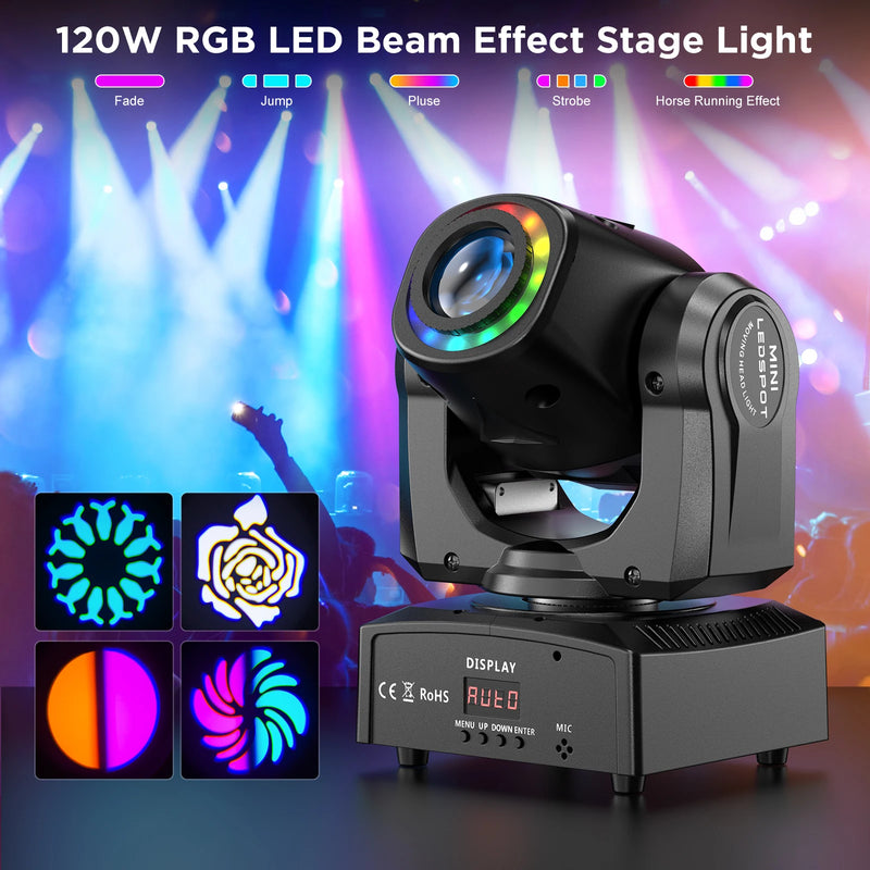 Lyre LED à tête mobile 120 W avec anneau RVB, 7 gobos et DMX 9 ou 11 canaux