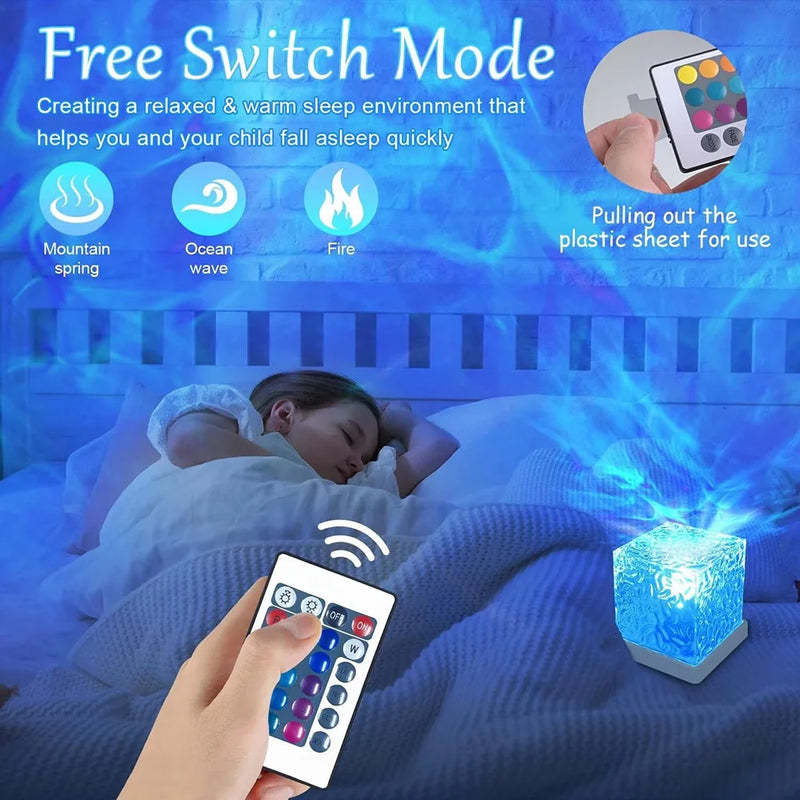 Lampe projecteur effet vagues – veilleuse bleue et télécommande près d'un enfant endormi
