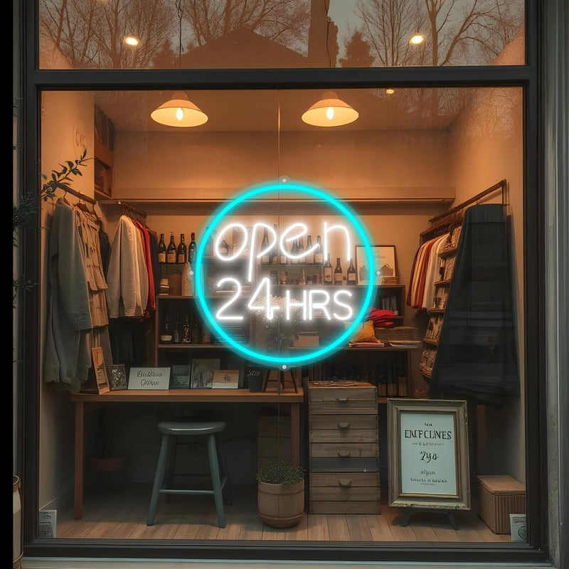 Panneau OPEN 24 HRS en néon LED – cercle bleu turquoise en vitrine de boutique