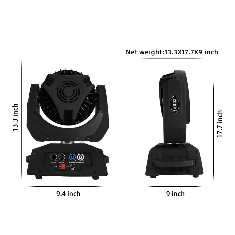 Lyre LED wash 36 x 18 W RGBWA+UV, zoom 15° à 45°, DMX 12 ou 18 canaux