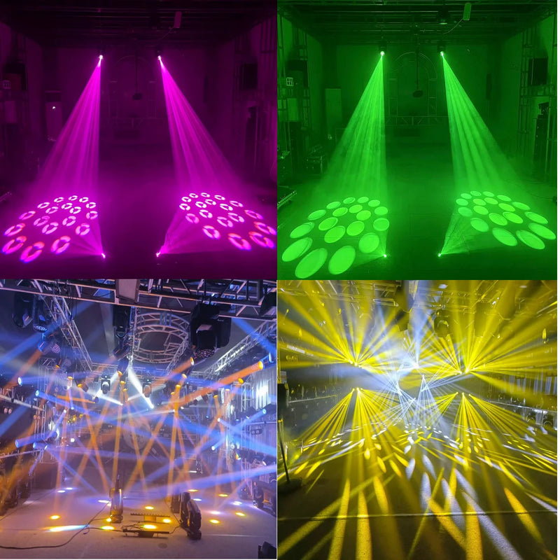 Mini lyre LED beam spot 150 W – faisceaux violets, verts et jaunes sur scène