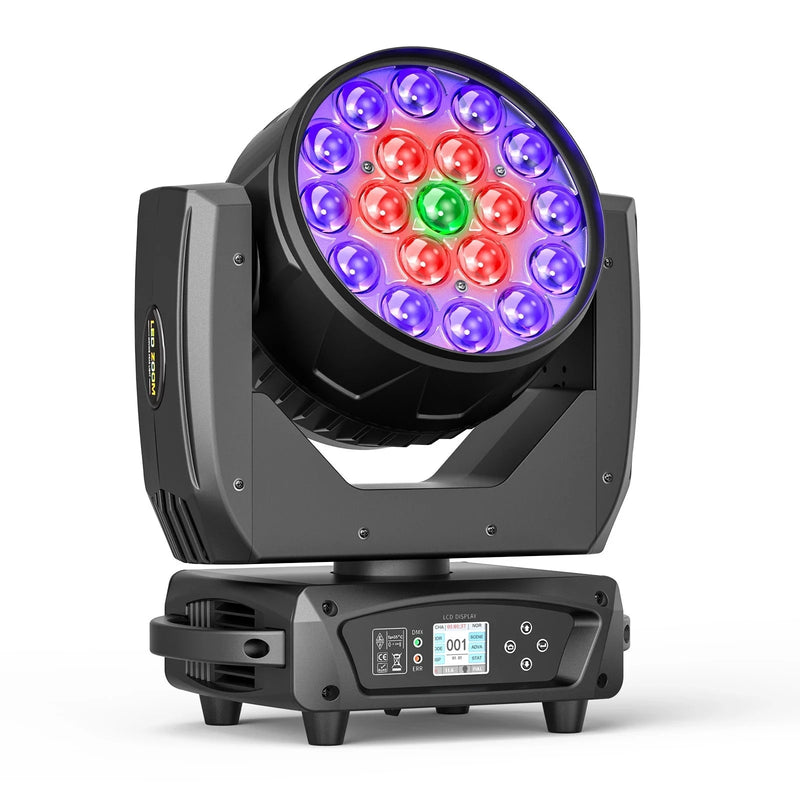 Lyre LED wash 19 x 15 W RGBW, zoom 10° à 55°, DMX 16 ou 24 canaux