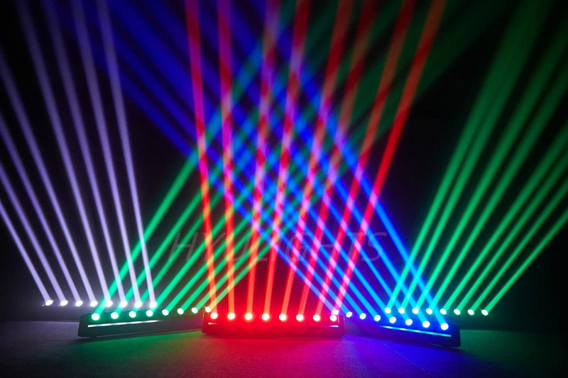 Barre LED DMX 8 faisceaux, lot de 2 – rayons blancs, rouges, verts et bleus croisés
