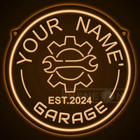 Néon garage personnalisé avec votre nom, engrenage, rond 29 cm, USB