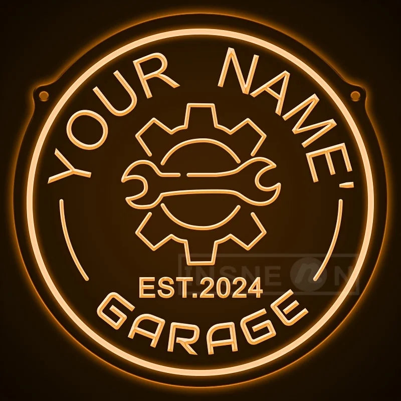 Néon garage personnalisé avec votre nom, engrenage, rond 29 cm, USB