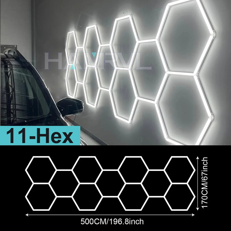 Plafonnier hexagonal LED – modèle de 11 hexagones, 500 x 170 cm