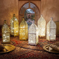 Lanterne marocaine LED en métal ajouré, blanche ou dorée, 27 à 34 cm