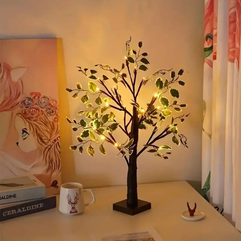 Arbre lumineux bouleau LED 61 cm – arbre à tronc noir allumé près d'une tasse et d'un tableau