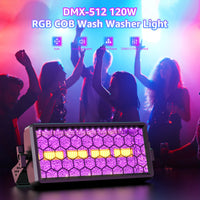 Projecteur mural LED COB 120 W – projecteur allumé en violet avec quatre COB dorées, ambiance de soirée
