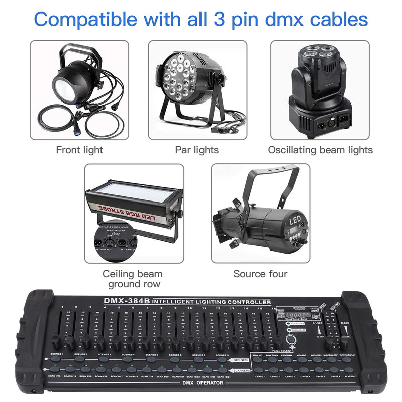 Table de lumière DMX 384 canaux – compatible avec les câbles DMX 3 broches et les projecteurs
