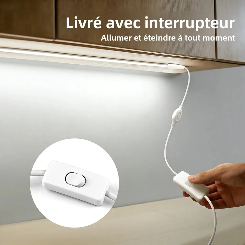 Ruban LED 220 V silicone ignifuge – ruban livré avec interrupteur sous un meuble de cuisine