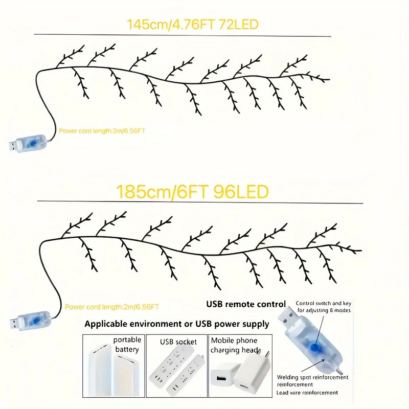 Vigne lumineuse LED – schéma des longueurs 145 cm 72 LED et 185 cm 96 LED