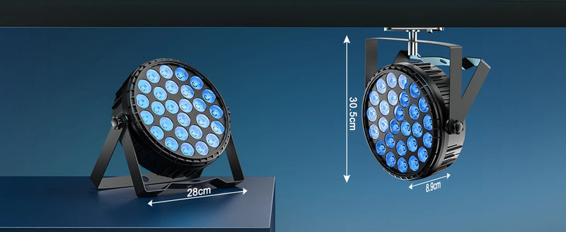 Lot de 4 projecteurs PAR LED 27 x 8 W RGBW – dimensions du projecteur, posé et suspendu