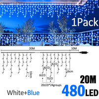 Guirlande stalactite LED – version blanc et bleu de 20 m, 480 LED